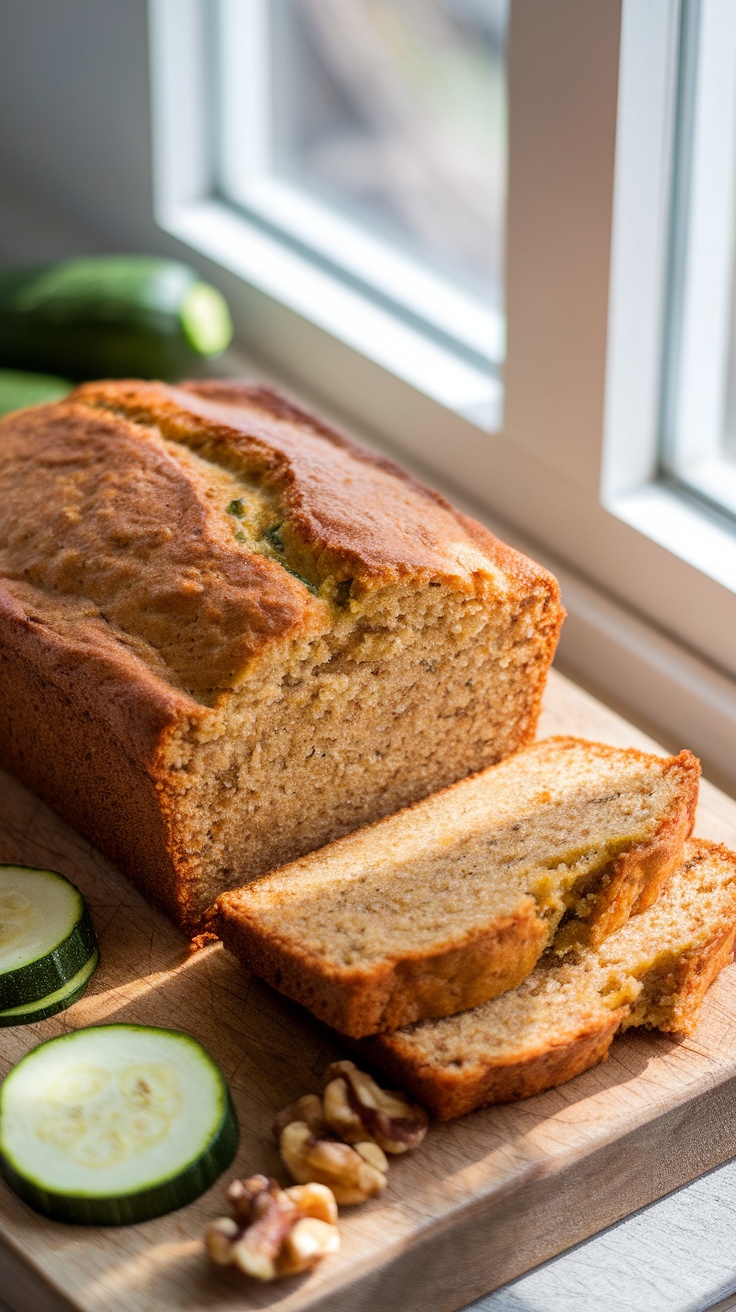 A golden loaf of Classic Zucchini Bread on a wooden cutting board, accompanied by zucchini slices and walnuts.